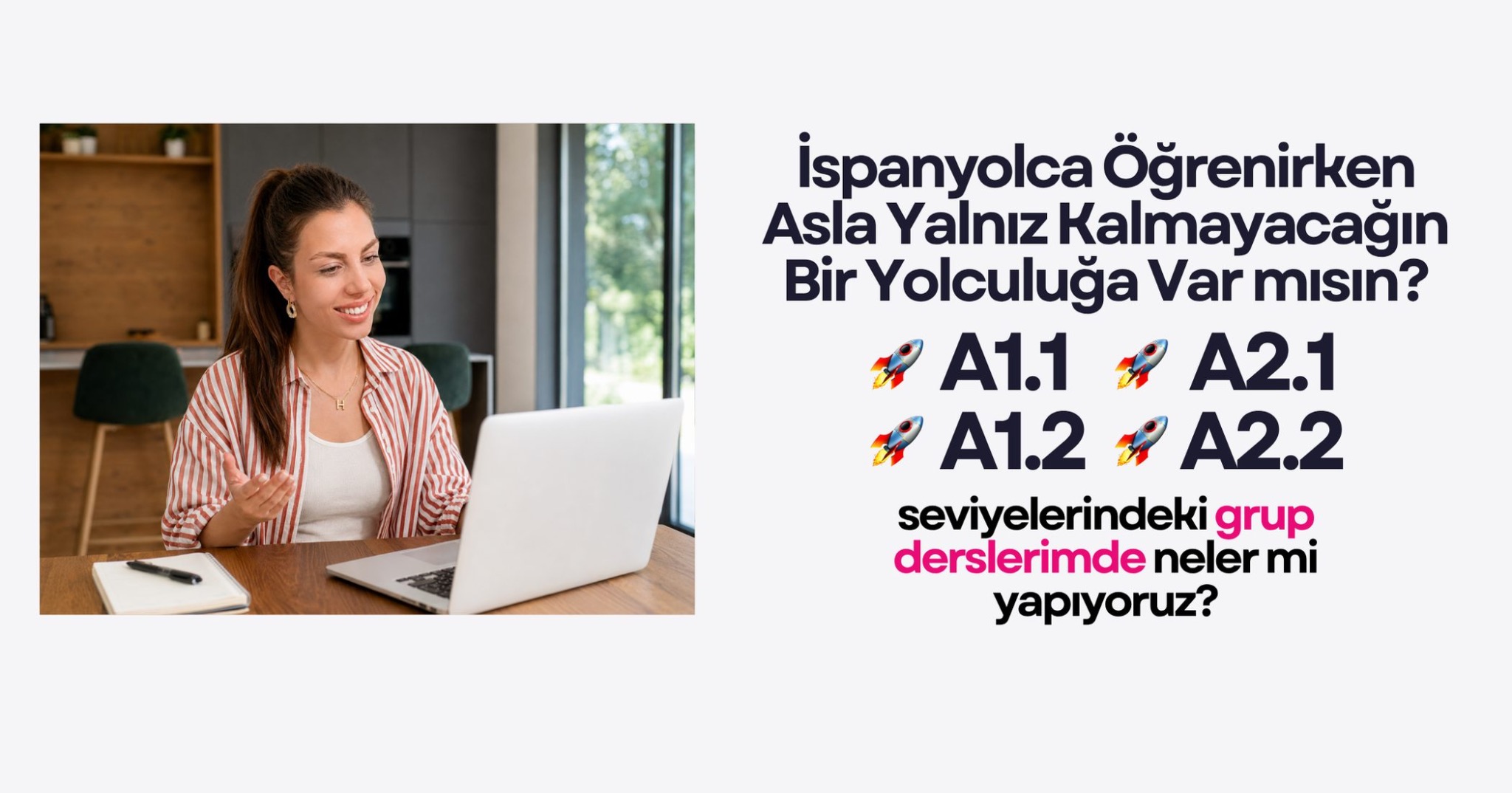 Profe Hazel’in online İspanyolca grup derslerini ve A1.1–A2.2 seviyelerini anlattığı tanıtım görseli