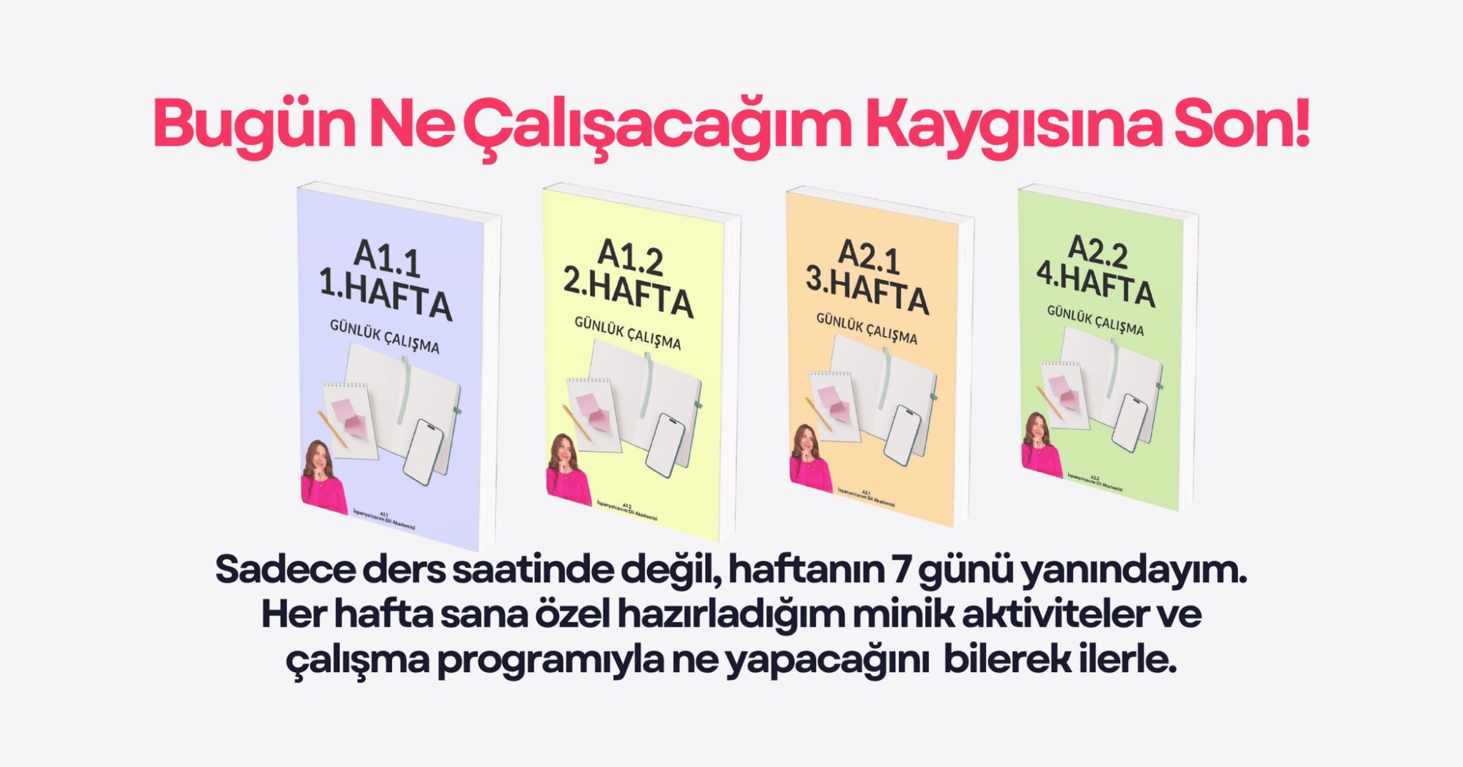 A1.1, A1.2, A2.1 ve A2.2 seviyeleri için haftalık çalışma programı kitapçıklarını gösteren görsel