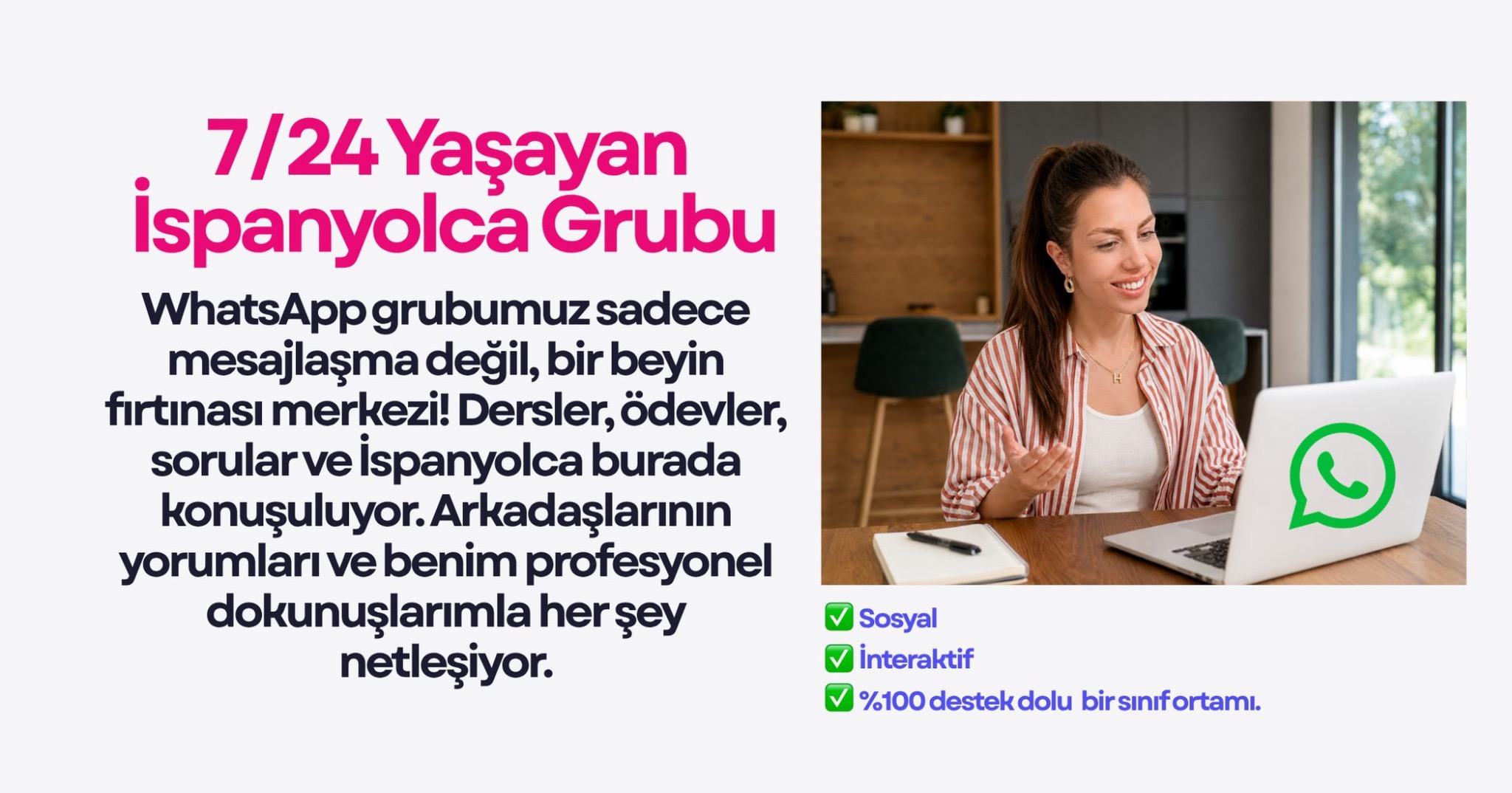 İspanyolca WhatsApp grubunda ders, ödev ve sorular için sürekli destek sistemini anlatan görsel