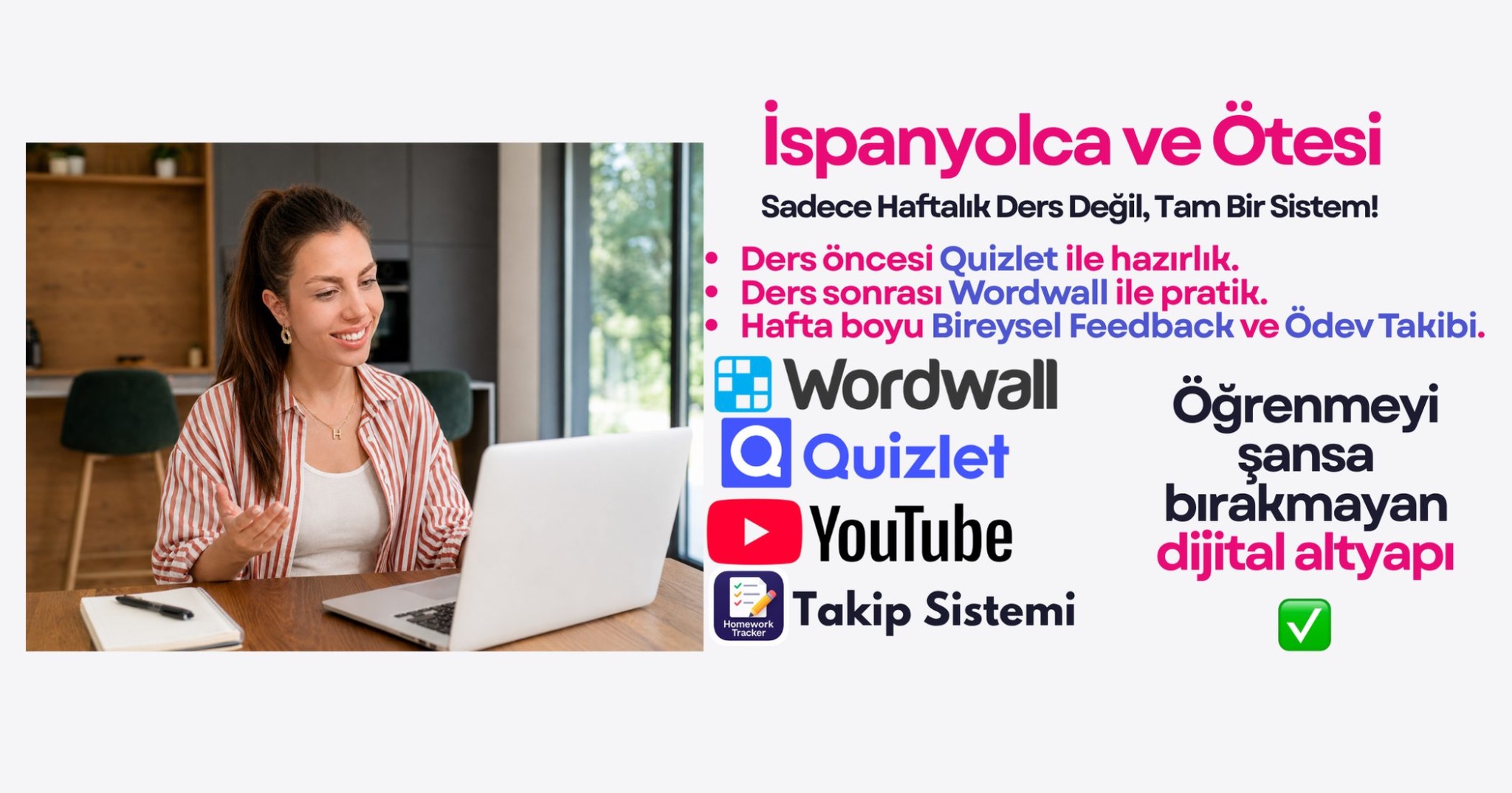 Quizlet, Wordwall, YouTube ve ödev takip sistemiyle desteklenen İspanyolca eğitim altyapısını anlatan görsel